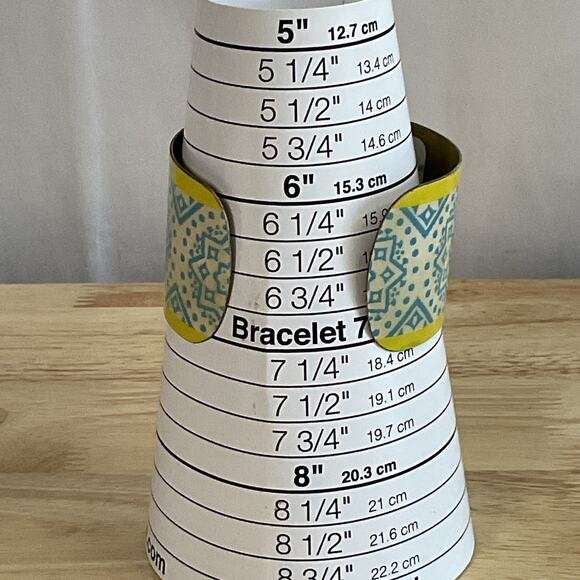 Vintage Brass Enamel Cuff Bracelet Blue Yellow Geometric Boho Modernist 1.5” - Picture 7 of 10